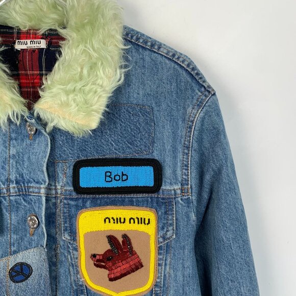 Miu Miu Denim Jacket With Faux Fur Collar & Patches - Picture 3 of 8